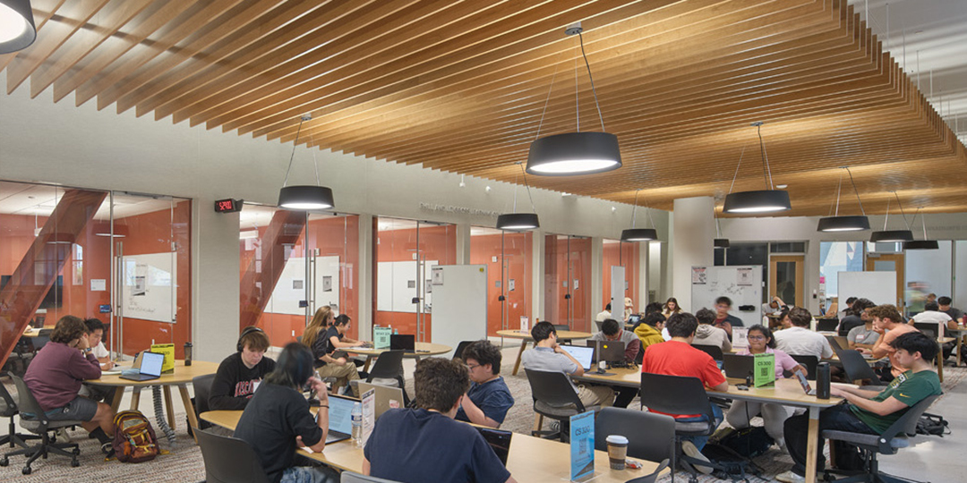 Students shown in the Gross Learning Center (GLC) in the College of Computing & Artificial Intelligence (CAI)