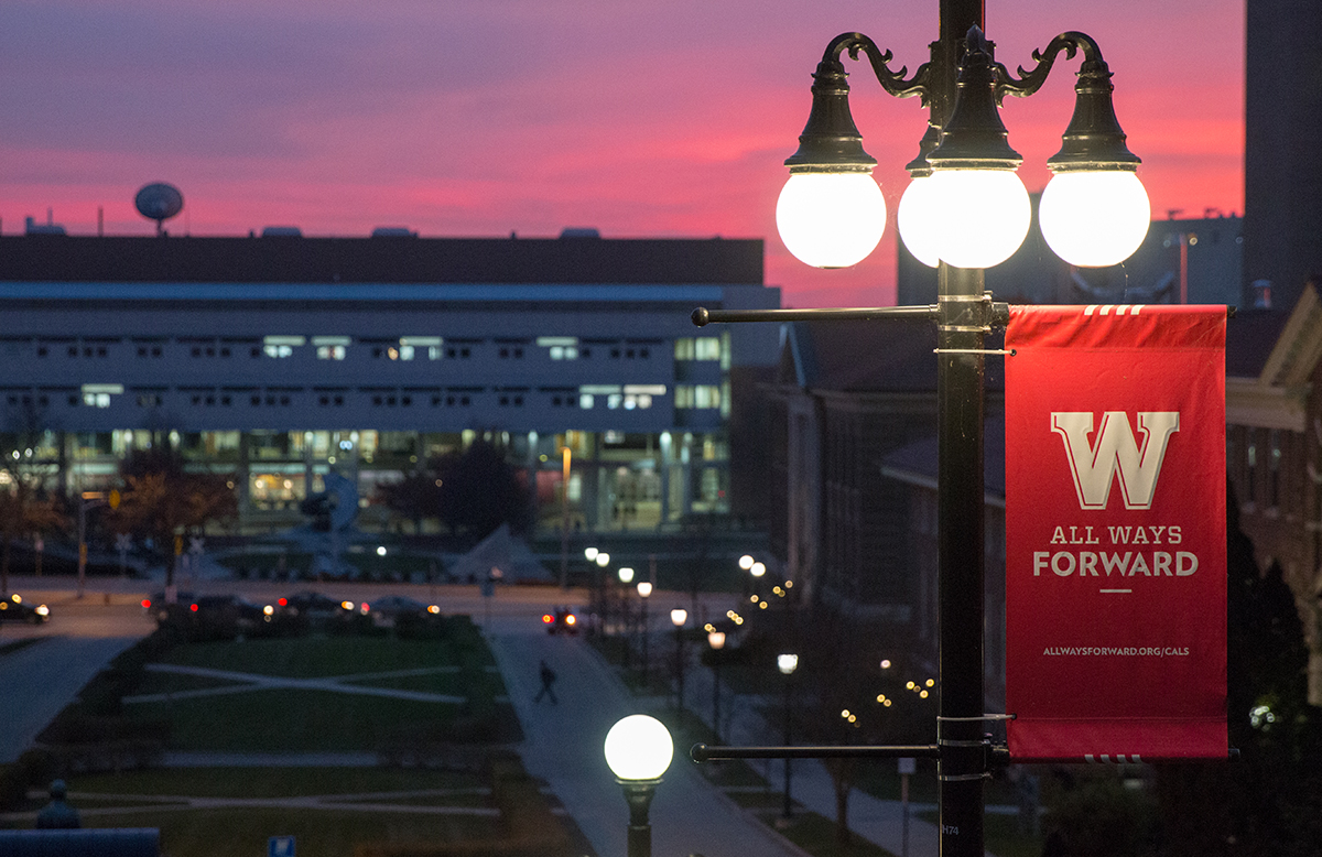 A sunset and lamppost illuminate an All Ways Forward banner on the front steps of Agricultural Hall in late fall 2017.