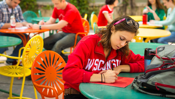 Students studying and talking on the Union Terrace