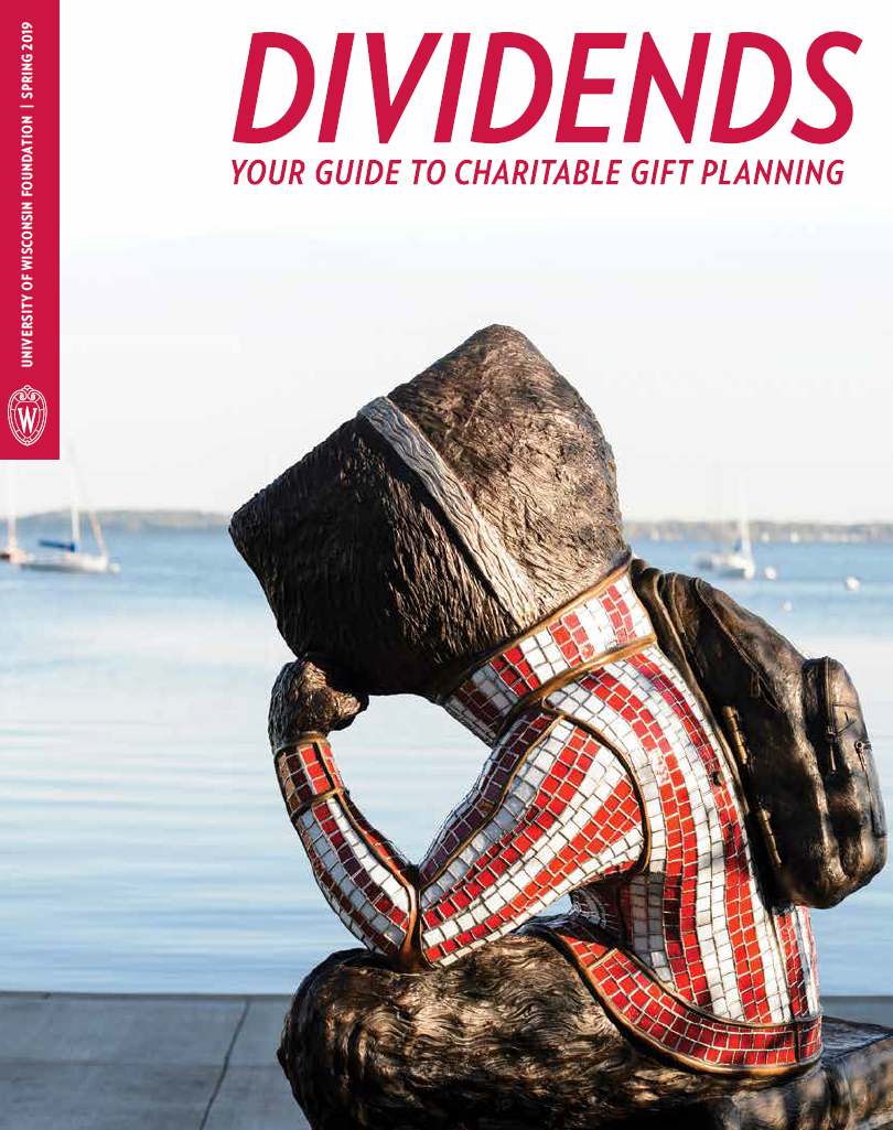 Cover of Spring 2019 Dividends issue - "Well Red" Bucky statue looking out over Lake Mendota