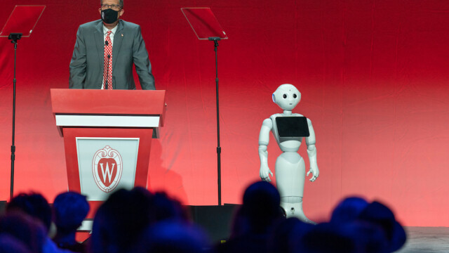 All Ways Forward AWF fundraising campaign Nicholas Recreation Center NIC Oct. 29, 2021, in Madison, Wis. (Photo © Andy Manis) Presenter with a robot