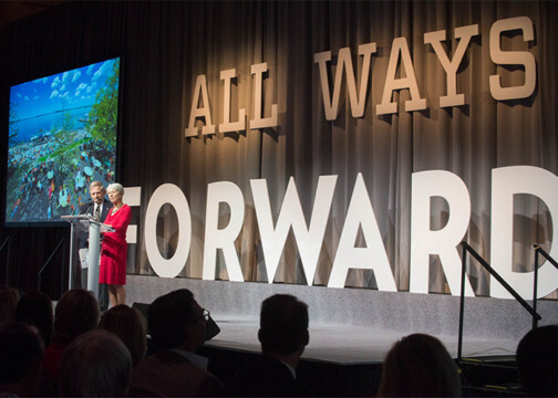 John ’55 and Tashia ’55 Morgridge speaking at an All Ways Forward event