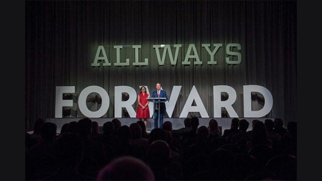Michael and Mary Sue Shannon welcoming a crowd for the All Ways Forward event