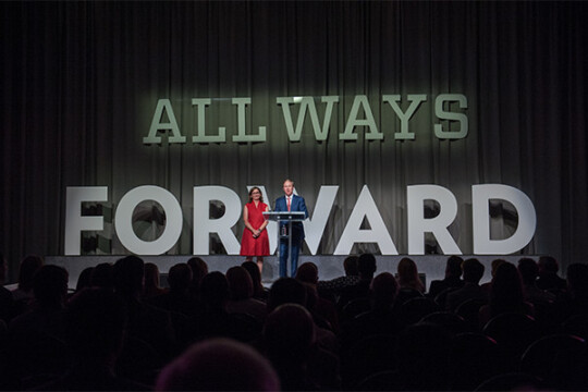 Michael and Mary Sue Shannon welcoming a crowd for the All Ways Forward event