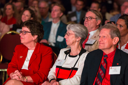 Chancellor Rebecca Blank sitting with John and Tashia Morgridge
