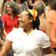 A group of dancers is moved by a Summer KlezKamp band performance.