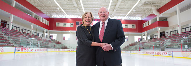 Former Badger swimmer Charles “Chuck” LaBahn (’49PhB L&S), and his wife, MaryAnn, below, enjoy the LaBahn Arena, which opened in 2012.