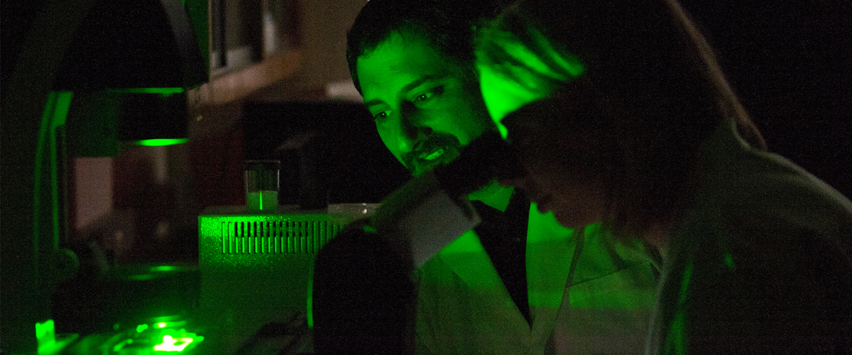 Two people examining a microscope